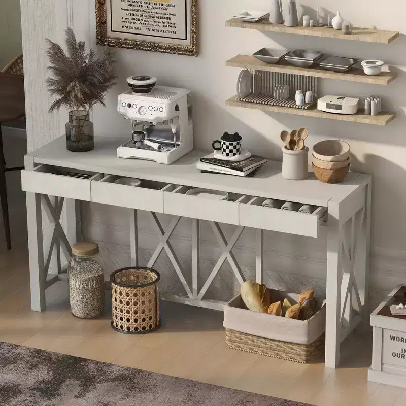 Vintage Console Table with Drawers, Farmhouse Entryway Table with Storage, Acacia Wood Sofa Table with Open Bottom Storage