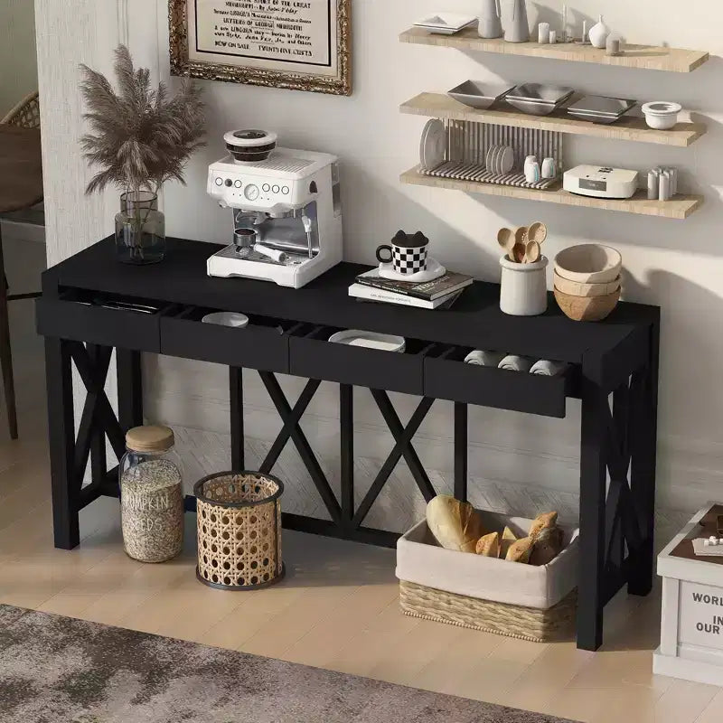 Console vintage avec tiroirs, table d'entrée de style ferme avec rangement, table de canapé en bois d'acacia avec rangement ouvert en bas