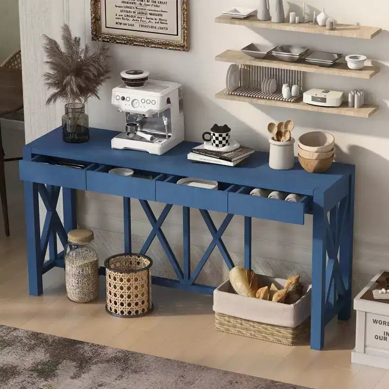 Console vintage avec tiroirs, table d'entrée de style ferme avec rangement, table de canapé en bois d'acacia avec rangement ouvert en bas
