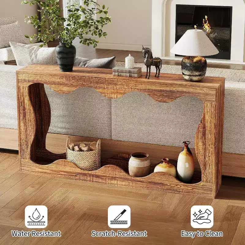 Console de ferme, table d'entrée étroite de 160 cm avec étagère de rangement à 2 niveaux, table d'appoint en bois pour canapé, table d'appoint pour salon