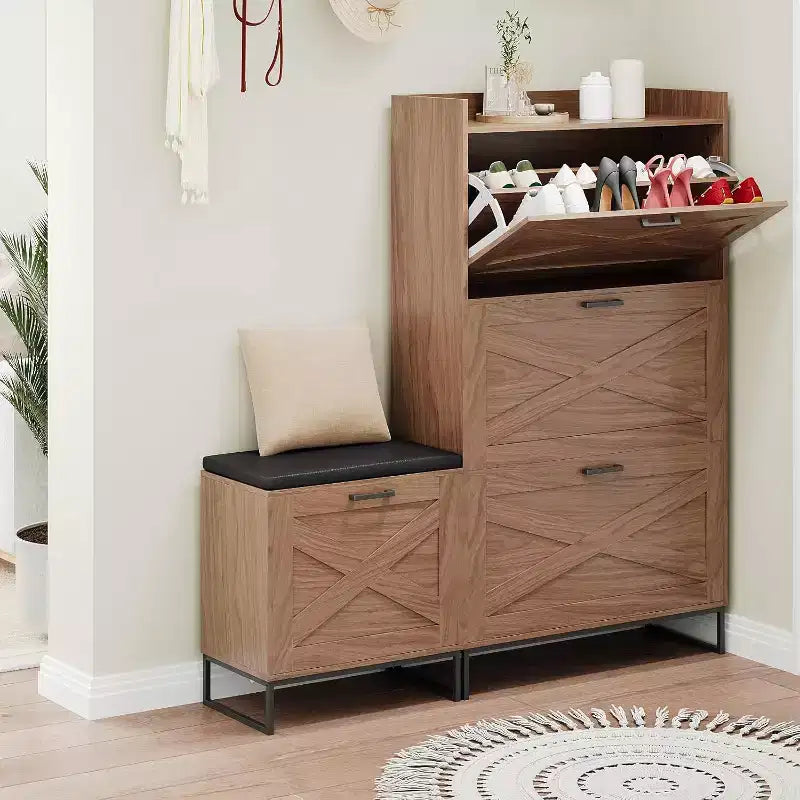 Shoe Storage Cabinet 4 Flip Drawers and Seat Bench,Farmhouse Entryway Hidden Slim Freestanding Shoe Storage for Entryway, Hallway, Bedroom