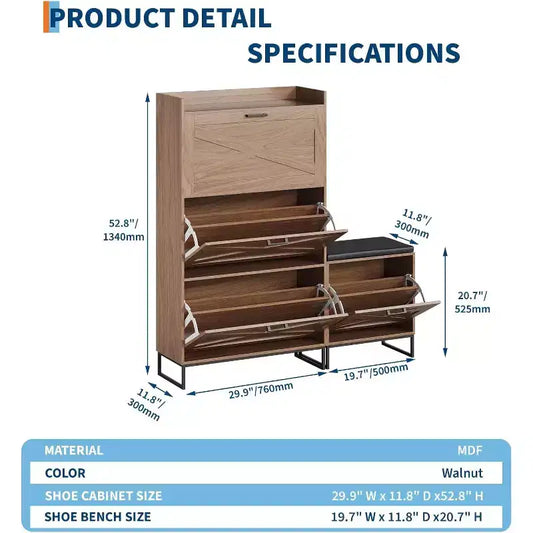 Meuble à chaussures avec 4 tiroirs à bascule et banc, meuble à chaussures fin et dissimulé de style ferme pour entrée, couloir, chambre à coucher