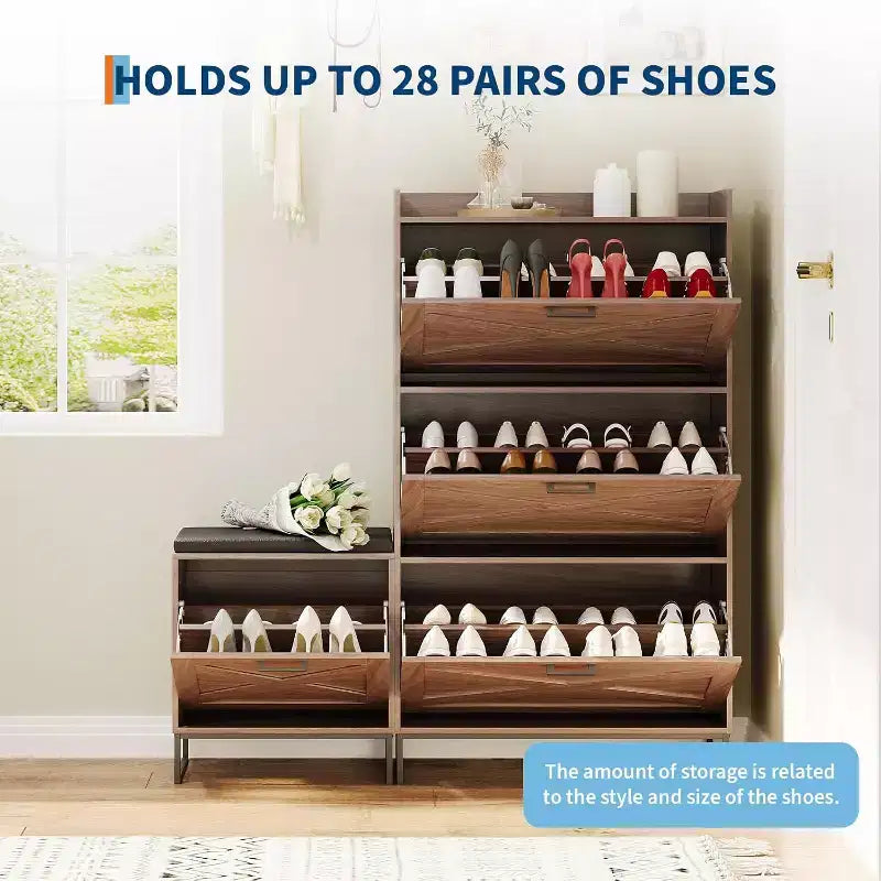Meuble à chaussures avec 4 tiroirs à bascule et banc, meuble à chaussures fin et dissimulé de style ferme pour entrée, couloir, chambre à coucher