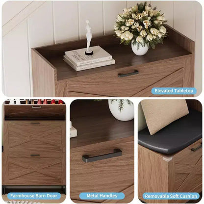 Meuble à chaussures avec 4 tiroirs à bascule et banc, meuble à chaussures fin et dissimulé de style ferme pour entrée, couloir, chambre à coucher