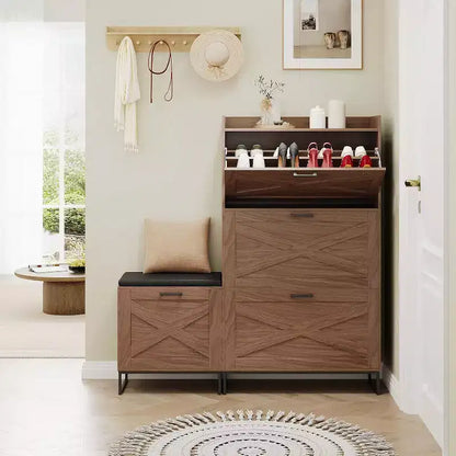 Meuble à chaussures avec 4 tiroirs à bascule et banc, meuble à chaussures fin et dissimulé de style ferme pour entrée, couloir, chambre à coucher