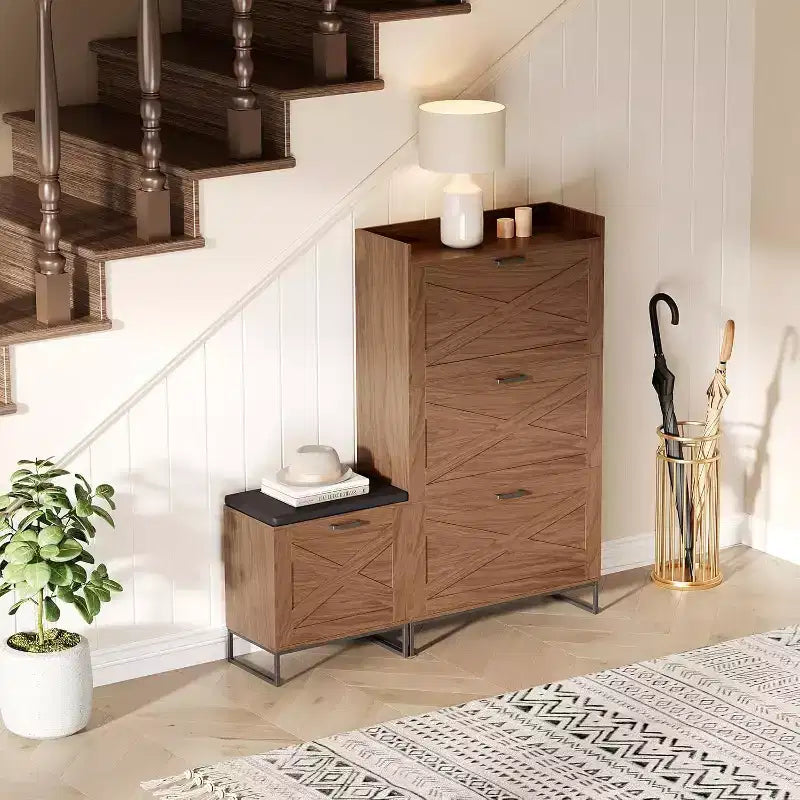Meuble à chaussures avec 4 tiroirs à bascule et banc, meuble à chaussures fin et dissimulé de style ferme pour entrée, couloir, chambre à coucher