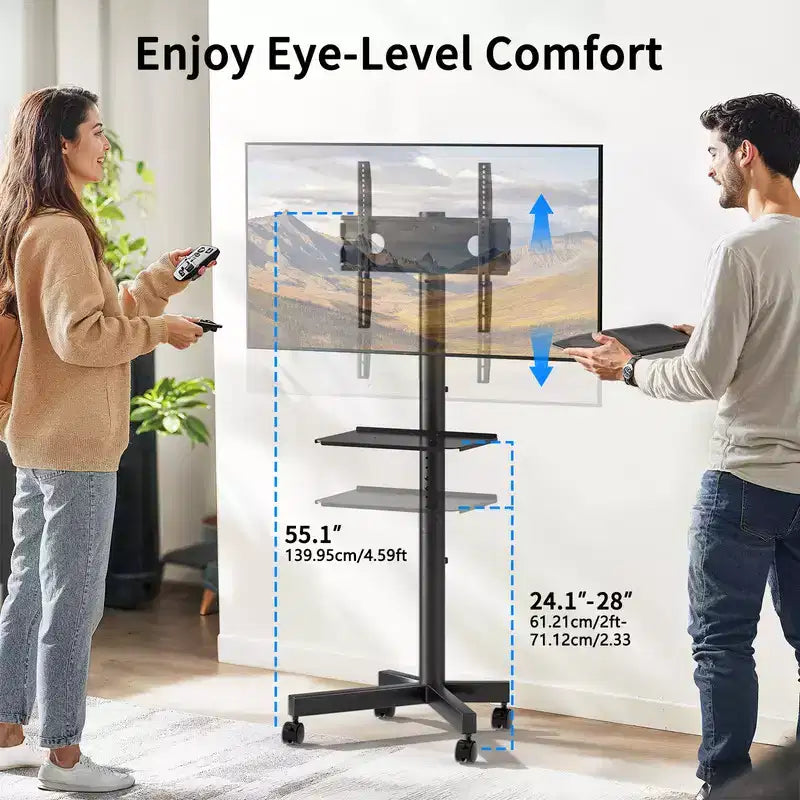 Meuble TV PERLESMITH Chariot TV Support TV mobile, Support TV roulant pour téléviseurs à écran plat incurvé de 23 à 60 pouces, supporte jusqu'à 45 kg, VESA max 400x400 mm