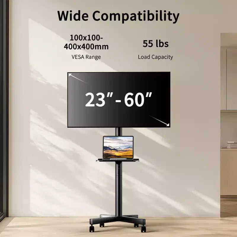 Meuble TV PERLESMITH Chariot TV Support TV mobile, Support TV roulant pour téléviseurs à écran plat incurvé de 23 à 60 pouces, supporte jusqu'à 45 kg, VESA max 400x400 mm