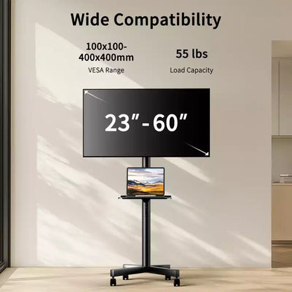 Meuble TV PERLESMITH Chariot TV Support TV mobile, Support TV roulant pour téléviseurs à écran plat incurvé de 23 à 60 pouces, supporte jusqu'à 45 kg, VESA max 400x400 mm