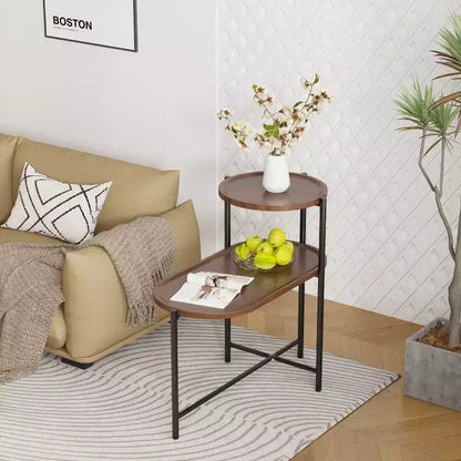 JVNOXK Petites Tables Basses, Table d'appoint Moderne à 2 Niveaux pour Canapé avec Étagère de Rangement en Bois, Tables de Chevet pour Salon (Noyer Marron)