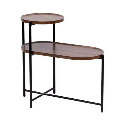 JVNOXK Petites Tables Basses, Table d'appoint Moderne à 2 Niveaux pour Canapé avec Étagère de Rangement en Bois, Tables de Chevet pour Salon (Noyer Marron)