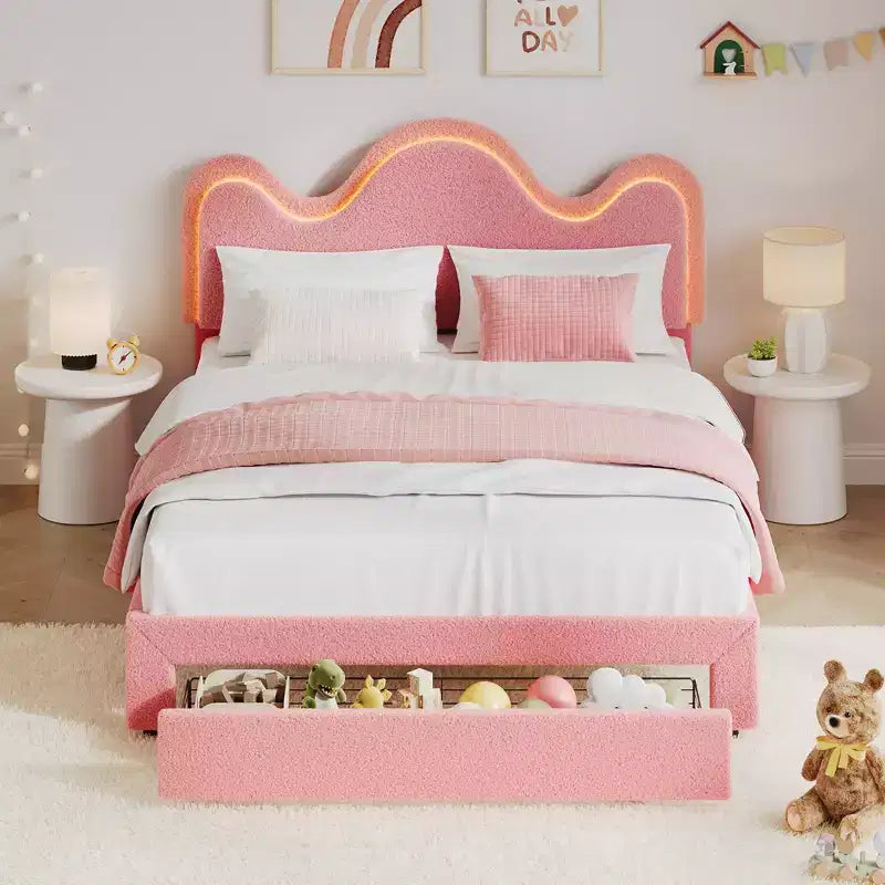COZONY LED Headboard Bed Frame, Lamb Fleece Upholstery Under Bed Drawer Wooden Slats No Box Spring