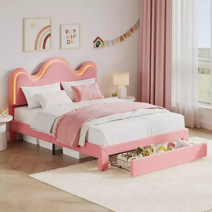 Cadre de lit COZONY avec tête de lit LED, revêtement en polaire d'agneau, tiroir sous le lit, lattes en bois, sans sommier tapissier