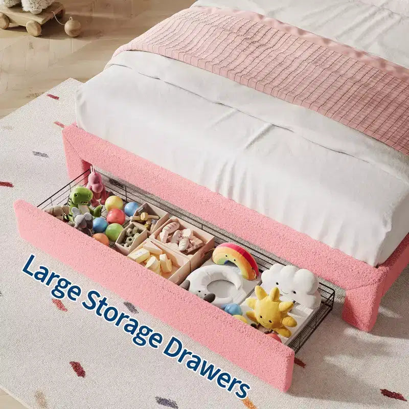 Cadre de lit COZONY avec tête de lit LED, revêtement en polaire d'agneau, tiroir sous le lit, lattes en bois, sans sommier tapissier