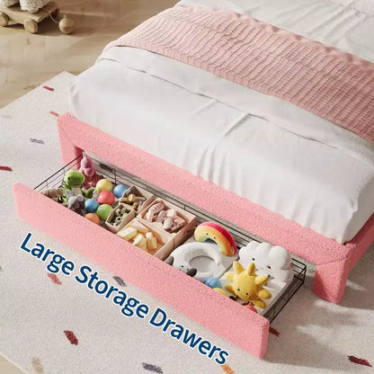 Cadre de lit COZONY avec tête de lit LED, revêtement en polaire d'agneau, tiroir sous le lit, lattes en bois, sans sommier tapissier