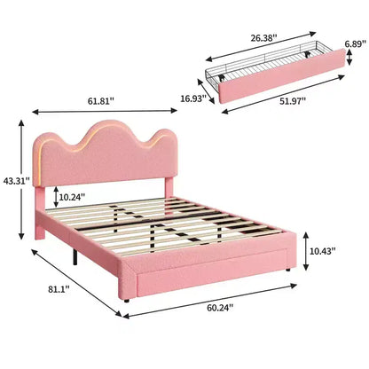 Cadre de lit COZONY avec tête de lit LED, revêtement en polaire d'agneau, tiroir sous le lit, lattes en bois, sans sommier tapissier