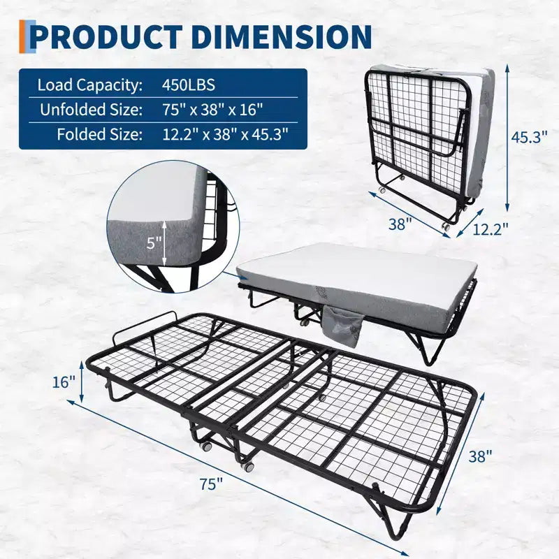 Lit pliant COZONY avec matelas, cadre métallique robuste, supporte jusqu'à 200 kg, pour chambre d'amis ou bureau
