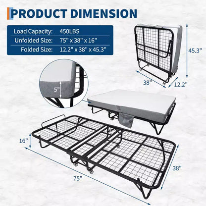 Lit pliant COZONY avec matelas, cadre métallique robuste, supporte jusqu'à 200 kg, pour chambre d'amis ou bureau
