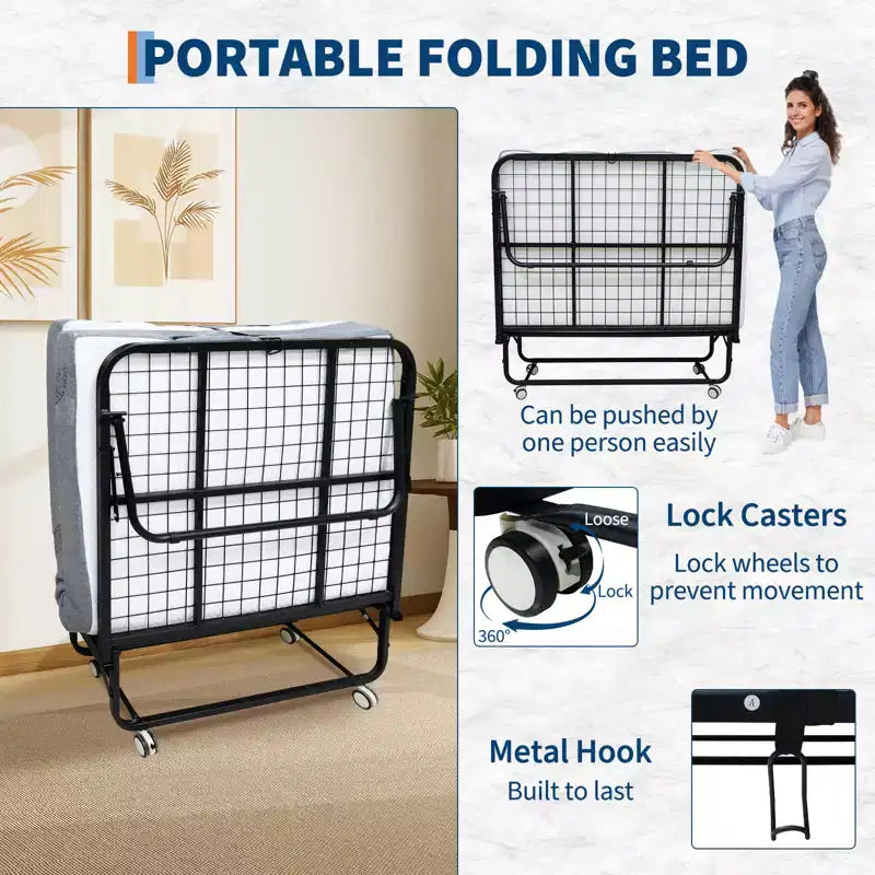 Lit pliant COZONY avec matelas, cadre métallique robuste, supporte jusqu'à 200 kg, pour chambre d'amis ou bureau