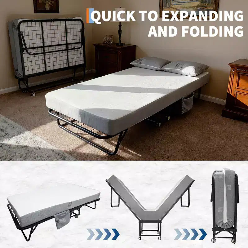 Lit pliant COZONY avec matelas, cadre métallique robuste, supporte jusqu'à 200 kg, pour chambre d'amis ou bureau
