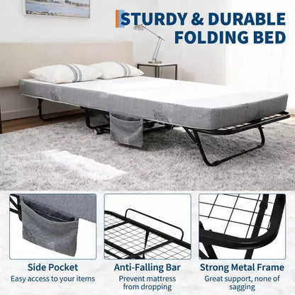 Lit pliant COZONY avec matelas, cadre métallique robuste, supporte jusqu'à 200 kg, pour chambre d'amis ou bureau