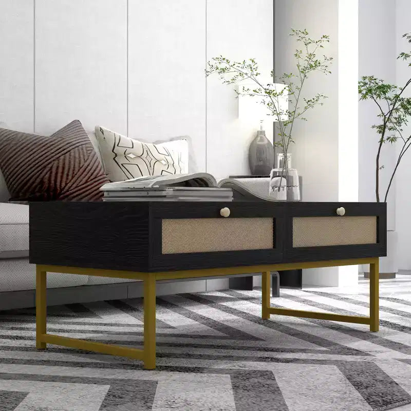 Table basse 2 tiroirs en rotin, table basse moderne, tables d'appoint en bois pour le salon,