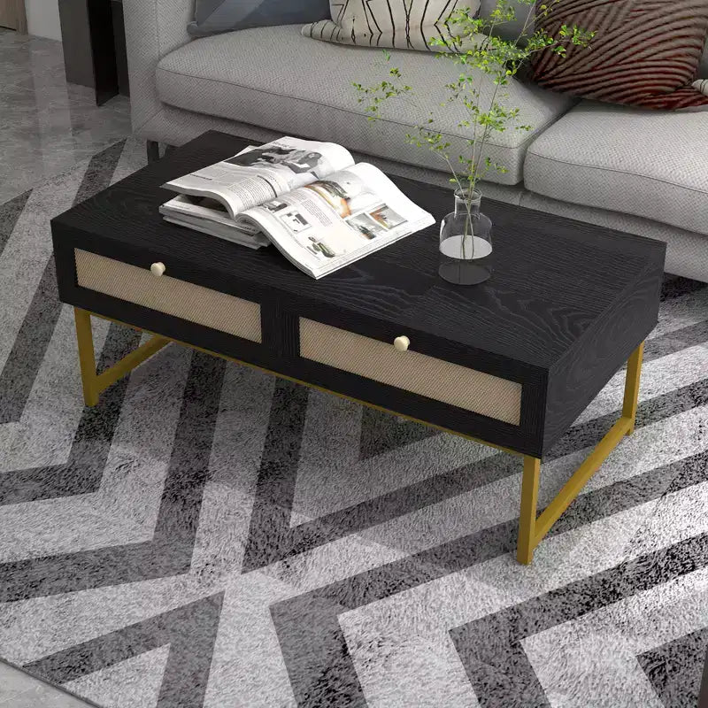 Table basse 2 tiroirs en rotin, table basse moderne, tables d'appoint en bois pour le salon,