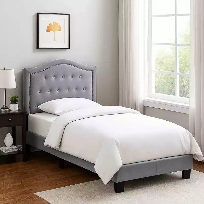 Royal Hampton Tufted Twin Velvet Bed with Curved Headboard, Gray