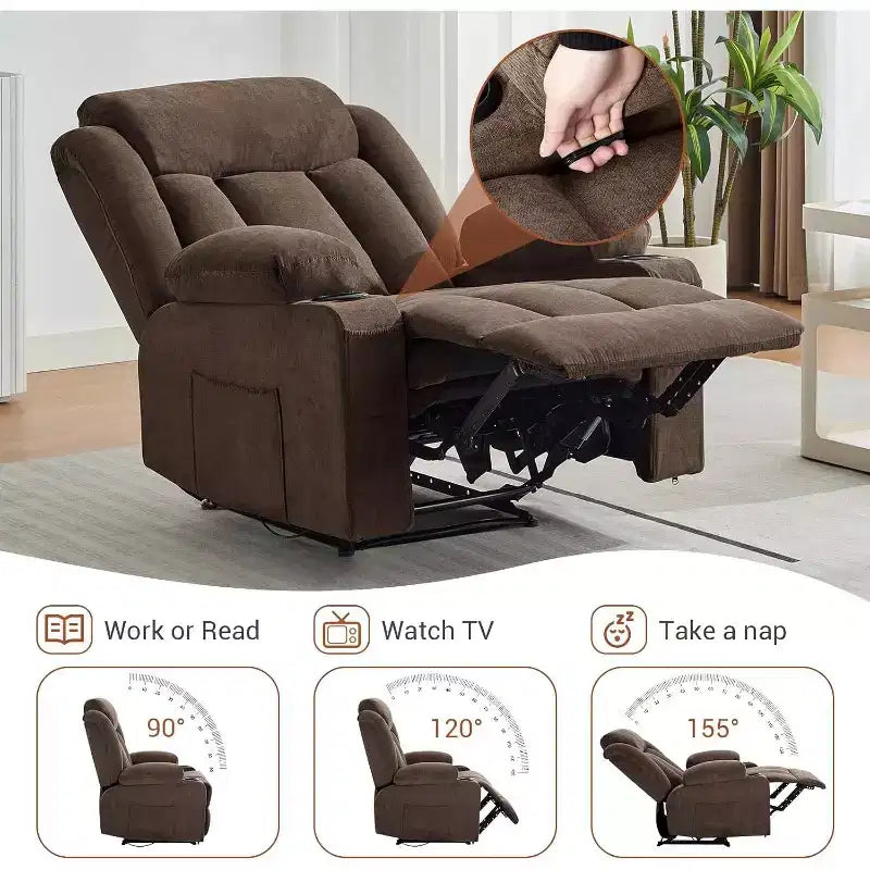 Fauteuil inclinable manuel avec fonctions massage et chaleur, fauteuil à bascule confortable et moelleux avec poches latérales/frontales et porte-gobelet pour le salon