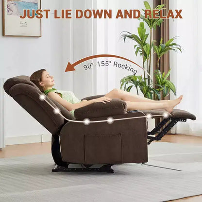 Fauteuil inclinable manuel avec fonctions massage et chaleur, fauteuil à bascule confortable et moelleux avec poches latérales/frontales et porte-gobelet pour le salon