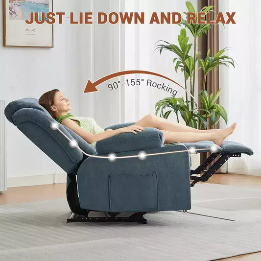 Fauteuil inclinable manuel avec fonctions massage et chaleur, fauteuil à bascule confortable et moelleux avec poches latérales/frontales et porte-gobelet pour le salon