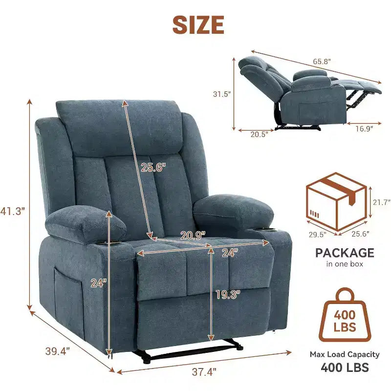 Fauteuil inclinable manuel avec fonctions massage et chaleur, fauteuil à bascule confortable et moelleux avec poches latérales/frontales et porte-gobelet pour le salon
