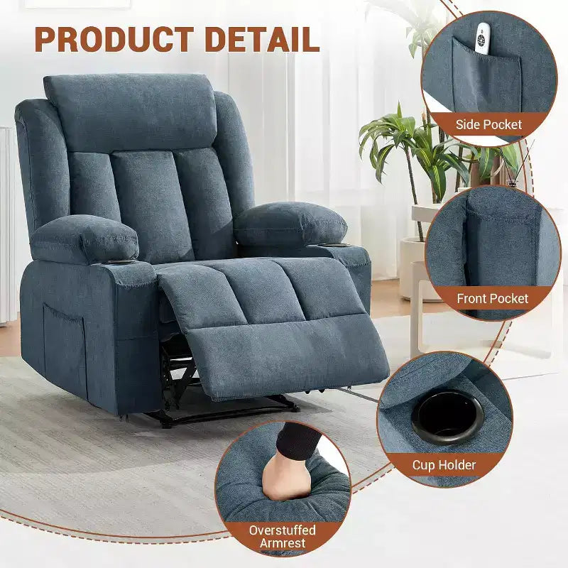 Fauteuil inclinable manuel avec fonctions massage et chaleur, fauteuil à bascule confortable et moelleux avec poches latérales/frontales et porte-gobelet pour le salon