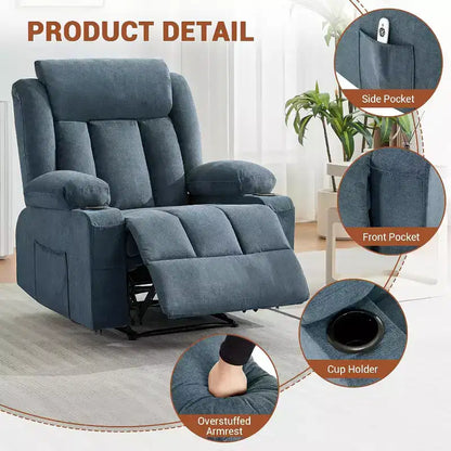 Fauteuil inclinable manuel avec fonctions massage et chaleur, fauteuil à bascule confortable et moelleux avec poches latérales/frontales et porte-gobelet pour le salon