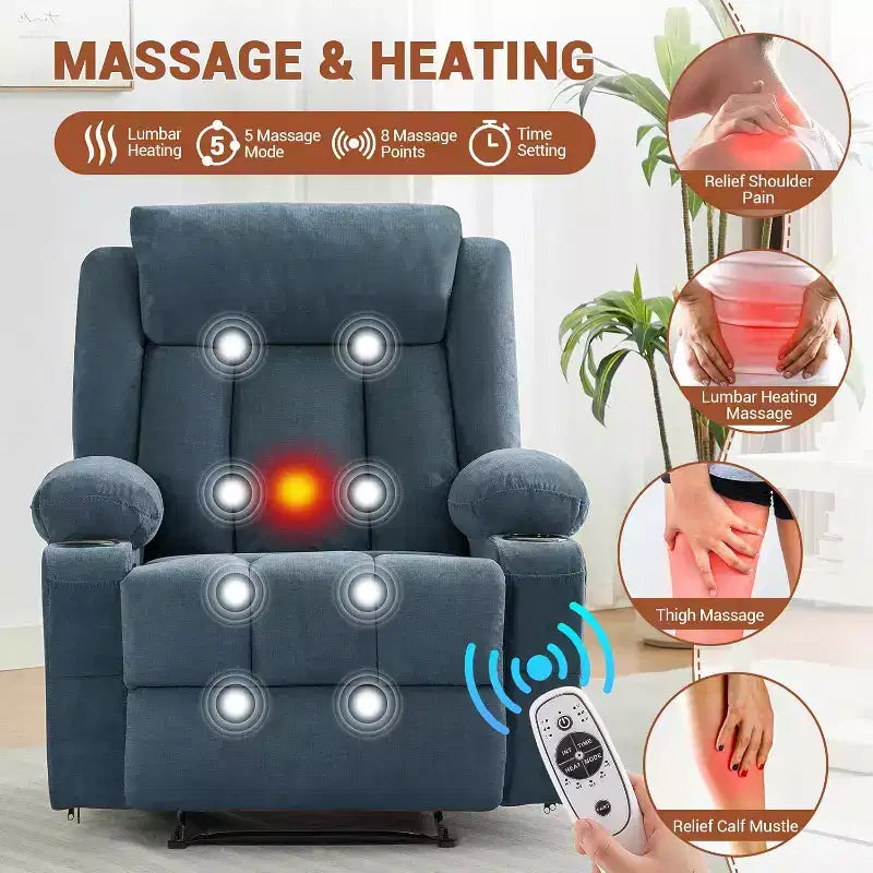 Fauteuil inclinable manuel avec fonctions massage et chaleur, fauteuil à bascule confortable et moelleux avec poches latérales/frontales et porte-gobelet pour le salon