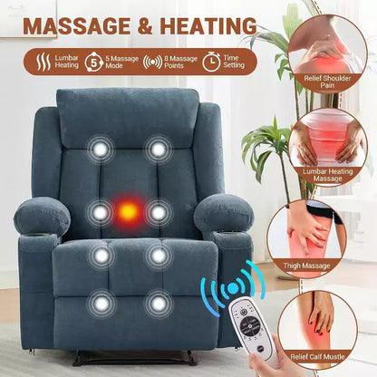 Fauteuil inclinable manuel avec fonctions massage et chaleur, fauteuil à bascule confortable et moelleux avec poches latérales/frontales et porte-gobelet pour le salon