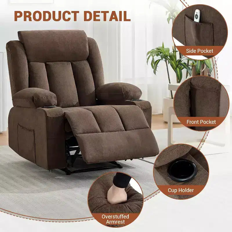 Fauteuil inclinable manuel avec fonctions massage et chaleur, fauteuil à bascule confortable et moelleux avec poches latérales/frontales et porte-gobelet pour le salon