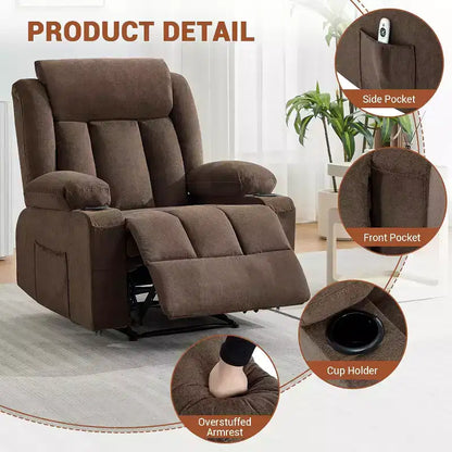 Fauteuil inclinable manuel avec fonctions massage et chaleur, fauteuil à bascule confortable et moelleux avec poches latérales/frontales et porte-gobelet pour le salon