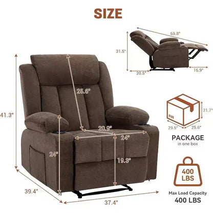 Fauteuil inclinable manuel avec fonctions massage et chaleur, fauteuil à bascule confortable et moelleux avec poches latérales/frontales et porte-gobelet pour le salon