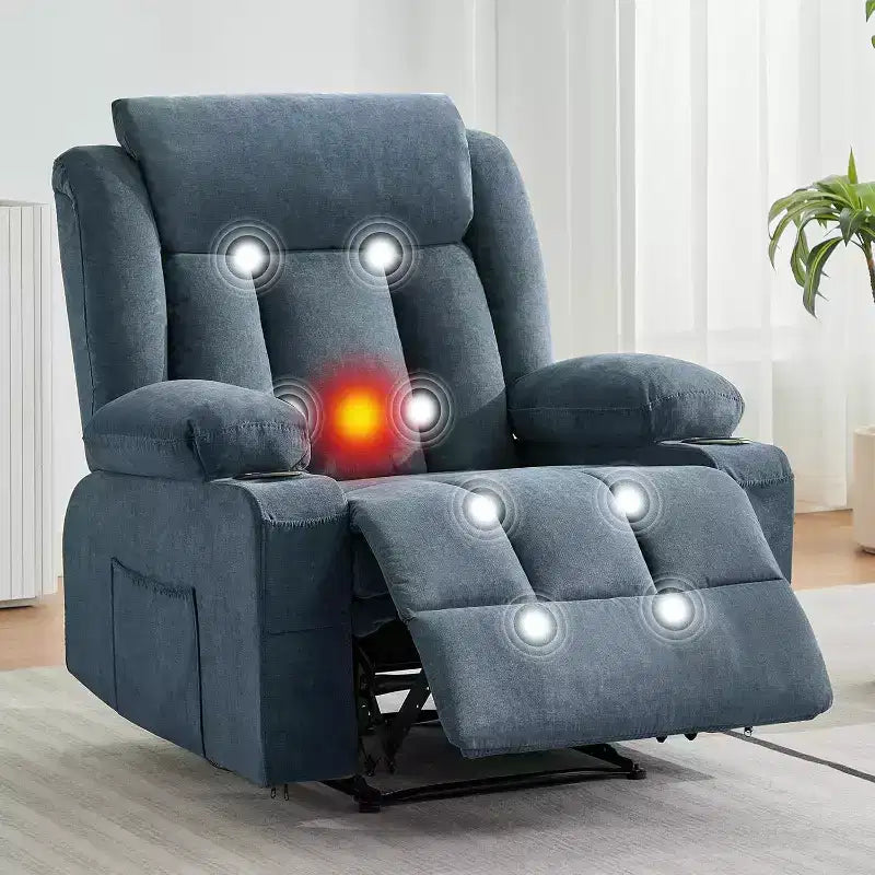 Manual Recliner Chair w/Massage+Heat Features, Comfort Cozy Overstuffed Rocking Chair w/Side Front Pockets+Cup Holder for Living Room