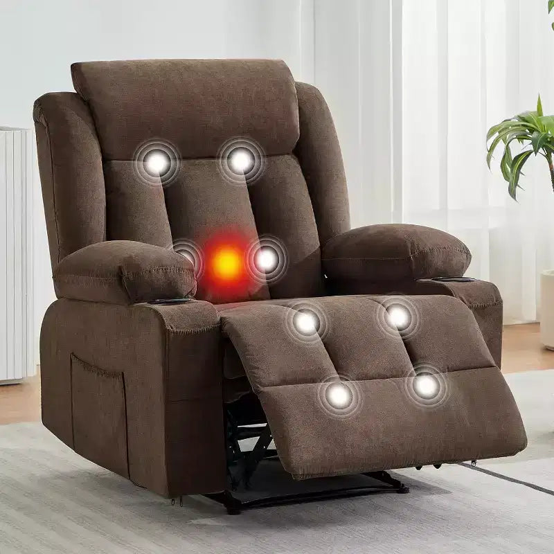 Fauteuil inclinable manuel avec fonctions massage et chaleur, fauteuil à bascule confortable et moelleux avec poches latérales/frontales et porte-gobelet pour le salon