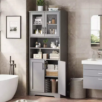 Acekool Armoire de Rangement Haute de 170 cm avec 4 Portes, Étagères Réglables, Meuble Autonome pour Salle de Bain, Cuisine, Salon