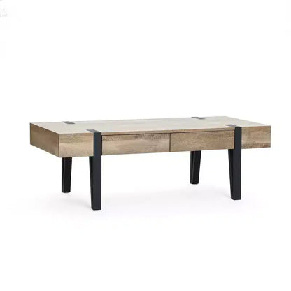 LuxenHome 47 Coffee Table with 2 Drawers Black Metal Legs Farmhouse Oak Finish Wood Center Table