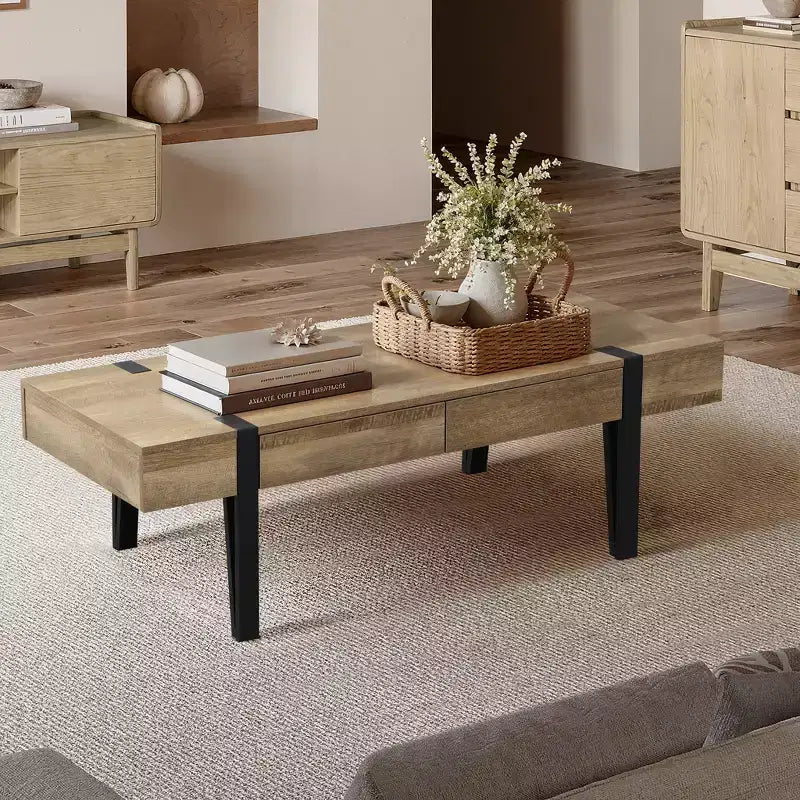 Table basse LuxenHome de 119 cm avec 2 tiroirs, pieds en métal noir, finition chêne de ferme