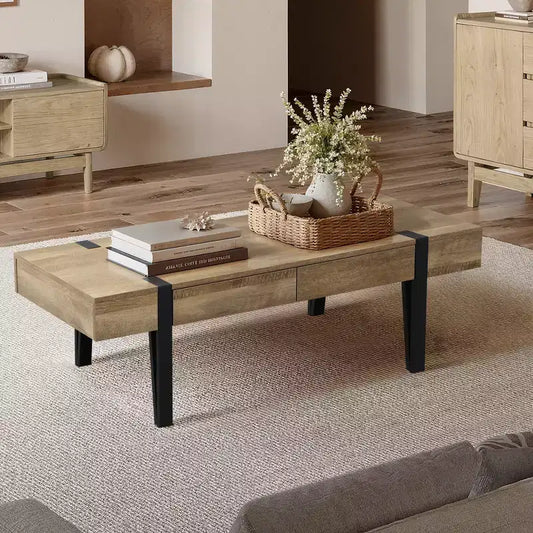 Table basse LuxenHome de 119 cm avec 2 tiroirs, pieds en métal noir, finition chêne de ferme