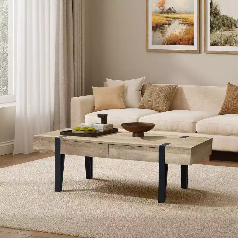 Table basse LuxenHome de 119 cm avec 2 tiroirs, pieds en métal noir, finition chêne de ferme