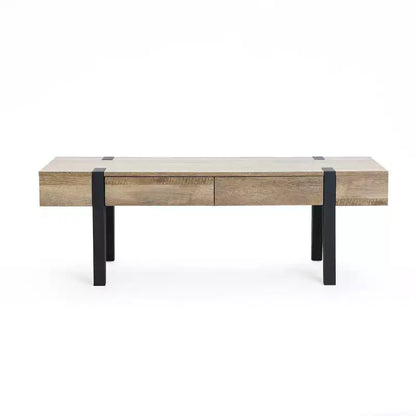 Table basse LuxenHome de 119 cm avec 2 tiroirs, pieds en métal noir, finition chêne de ferme