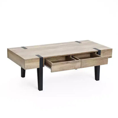 Table basse LuxenHome de 119 cm avec 2 tiroirs, pieds en métal noir, finition chêne de ferme