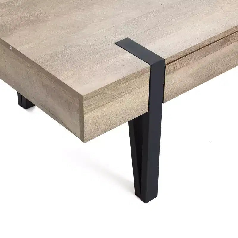 Table basse LuxenHome de 119 cm avec 2 tiroirs, pieds en métal noir, finition chêne de ferme