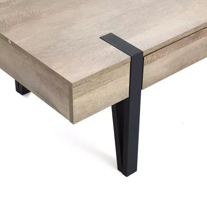 Table basse LuxenHome de 119 cm avec 2 tiroirs, pieds en métal noir, finition chêne de ferme